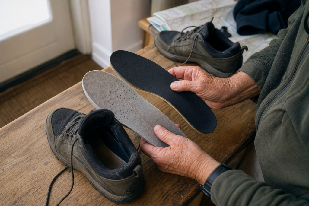 Wandelaar vergelijkt twee inlegzolen naast wandelschoenen