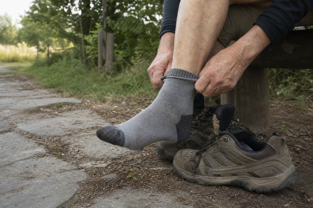 Wandelaar trekt een wandelsok aan naast lage wandelschoenen