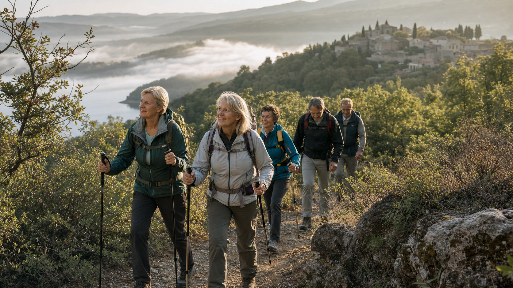 Kleine groep actieve wandelaars op een Europese heuvelroute