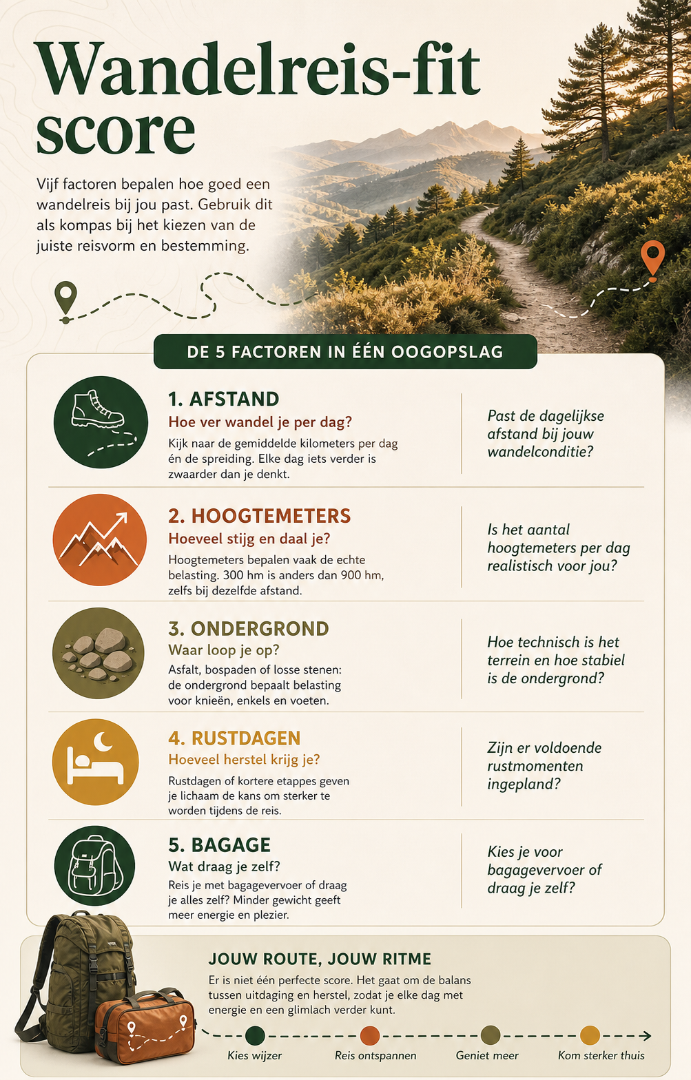 Wandelreis-fit score met afstand, hoogtemeters, ondergrond, rustdagen en bagage